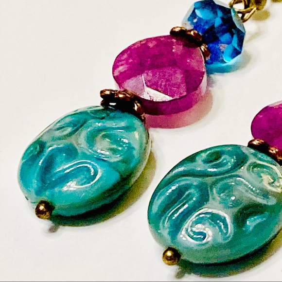 Azure Crystal Purple Lepidolite Stone & Teal Green Czech Glass Relief Earrings - Picture 4 of 7